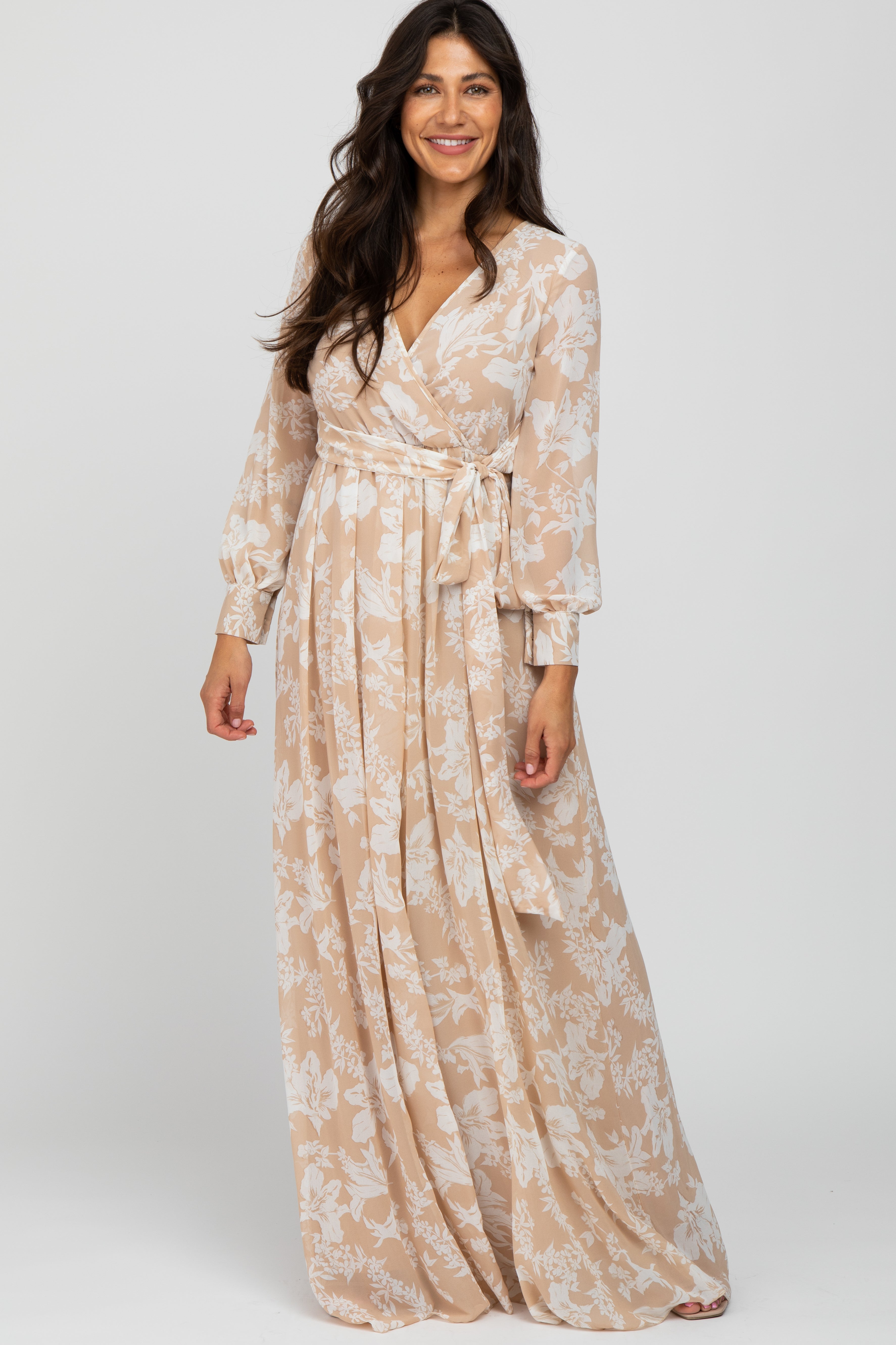 PinkBlush Taupe Floral Chiffon Maternity Maxi Dress, showcasing the full length and elegant flow of the garment.