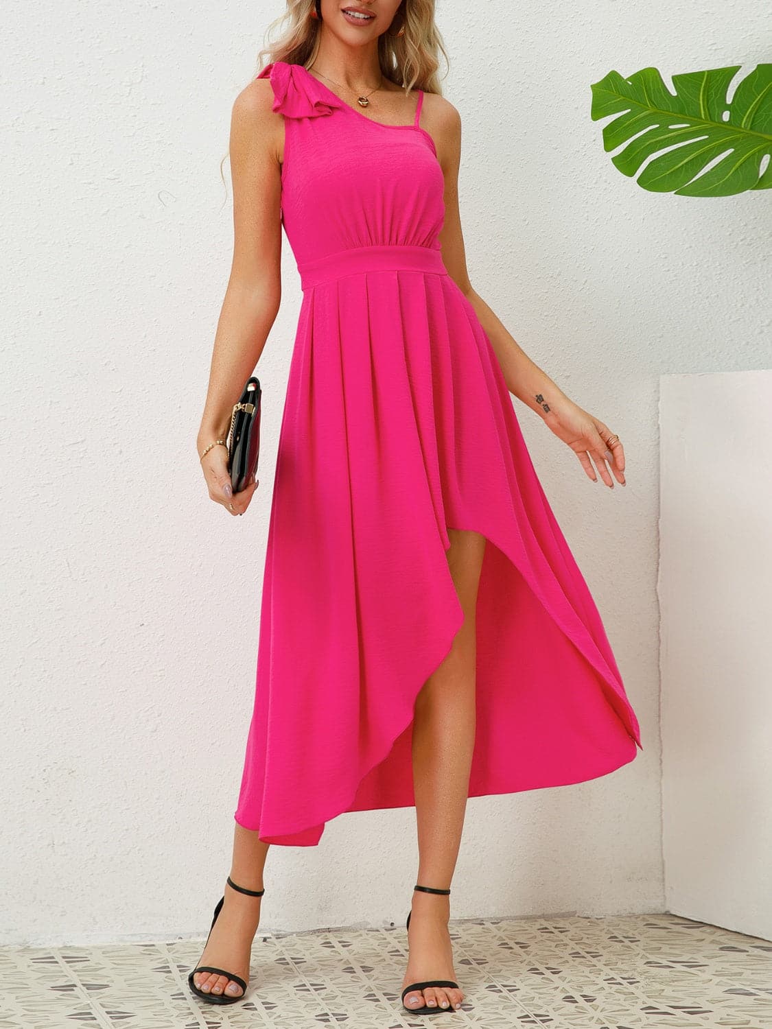 Bow Asymmetrical Neck Sleeveless Dress.