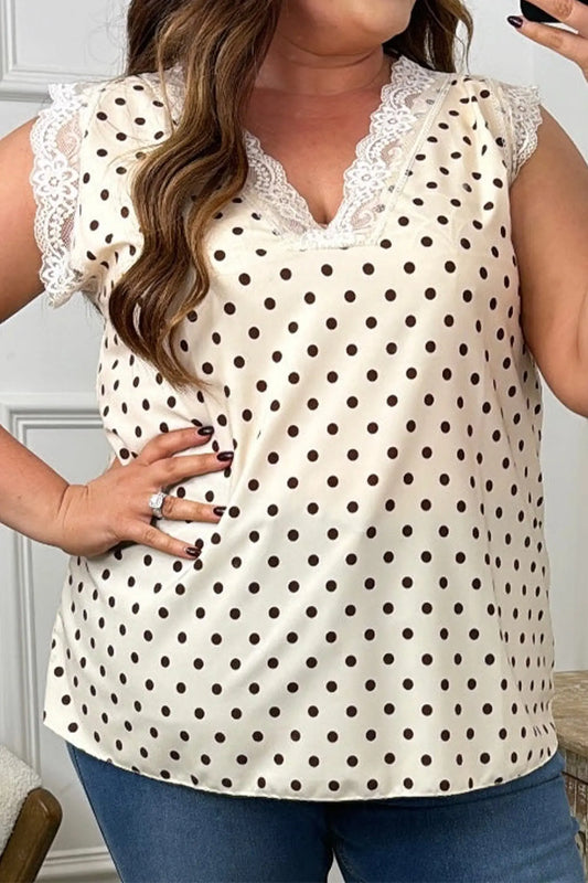 Apricot Plus Size Polka Dot Print Lace Trim V Neck Sleeveless Top Dear-Lover Dropshipping