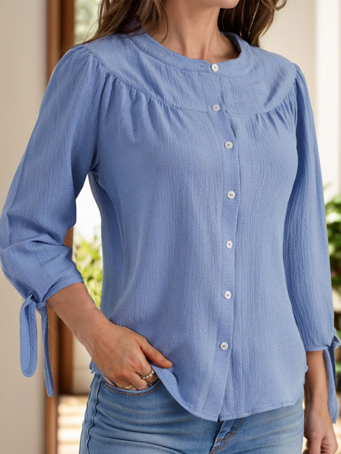 Tied Neck Opaque Three-Quarter Sleeve Blouse