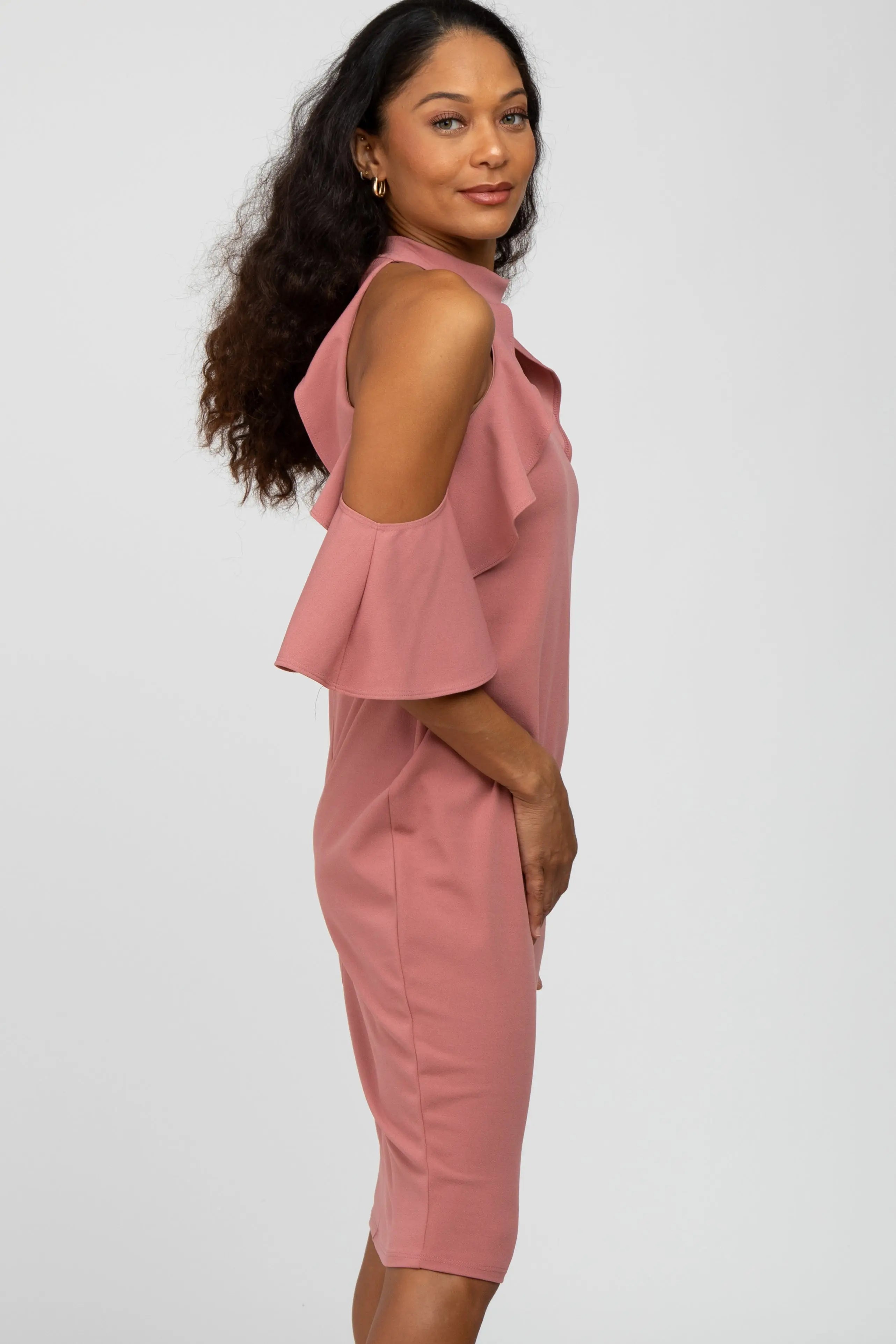 Mauve Mock Neck Ruffle Trim Cold Shoulder Maternity Dress PinkBlush