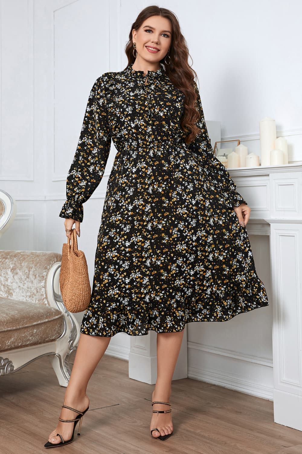 Melo Apparel Plus Size Floral Flounce Sleeve Midi Dress.