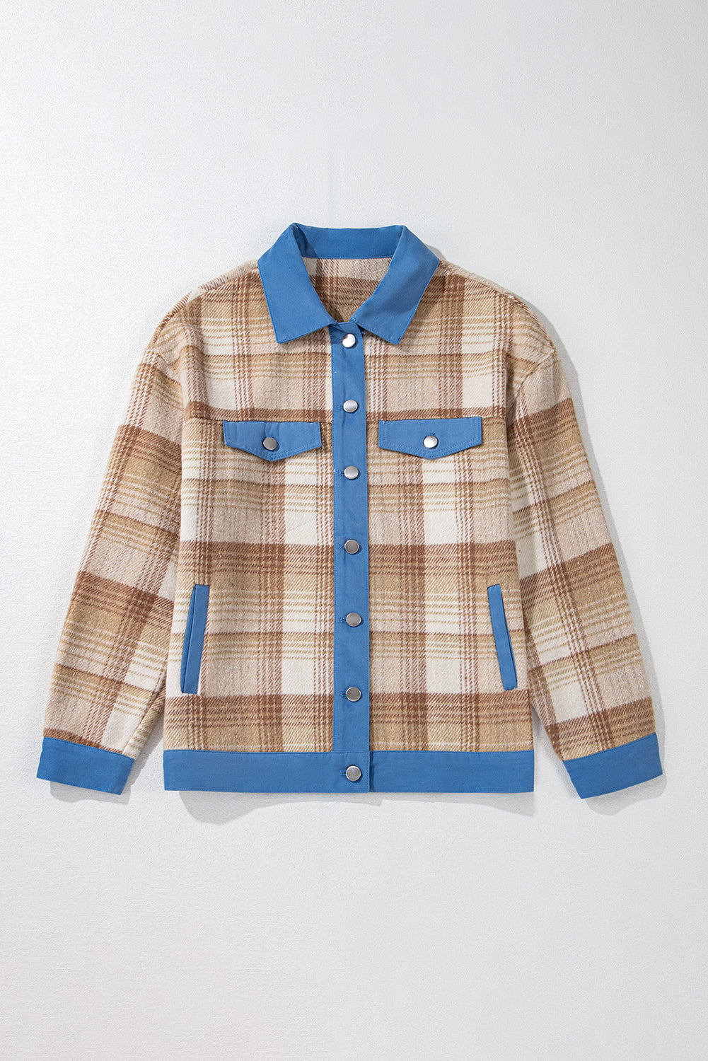 Light beige plaid patchwork shacket