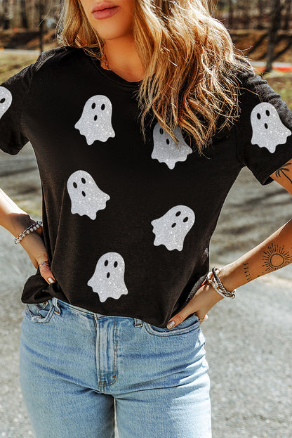 Black Glitter Ghost Pattern Crew Neck Halloween T Shirt