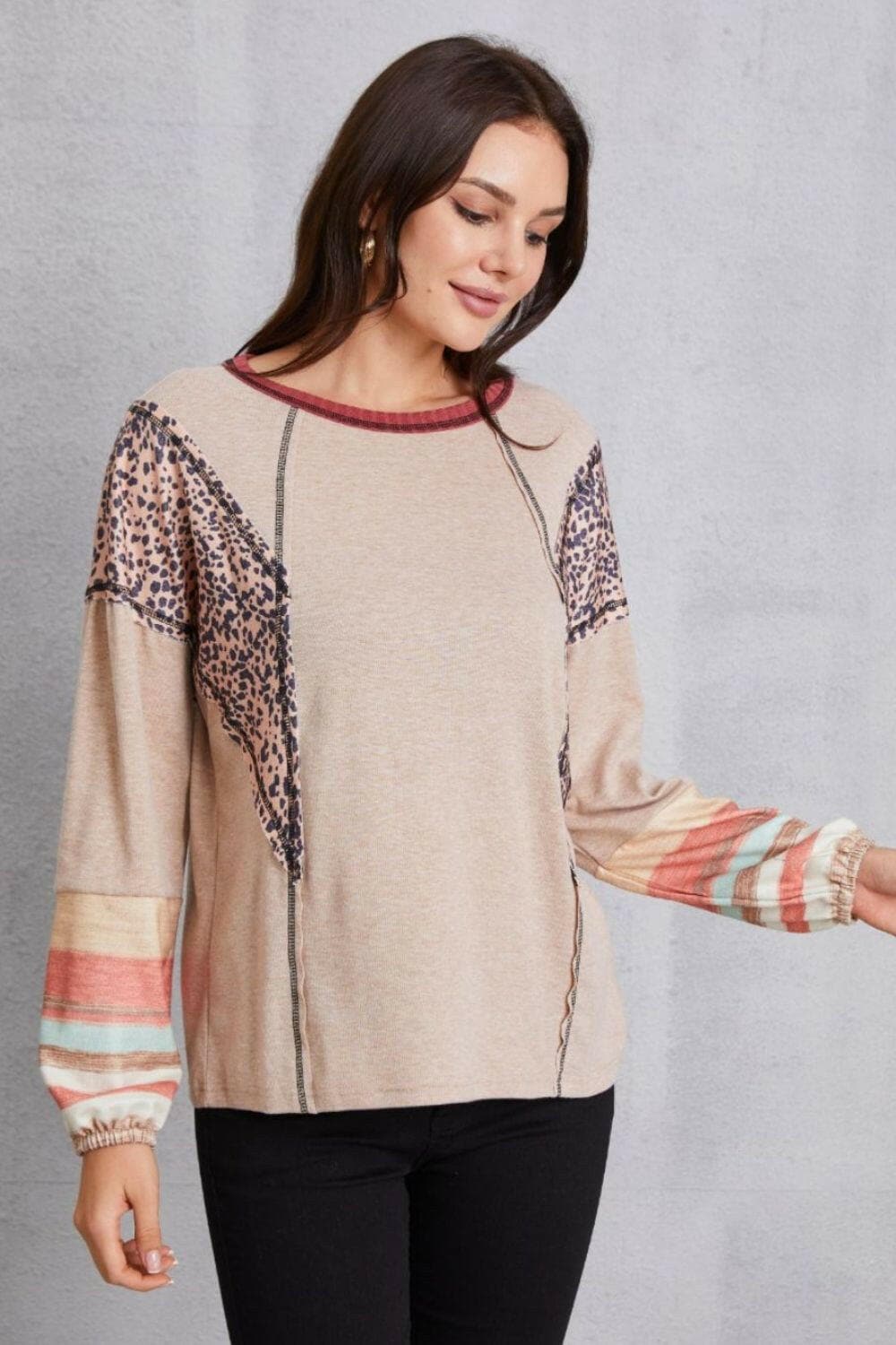 Contrast Stitching Leopard Long Sleeve Blouse.