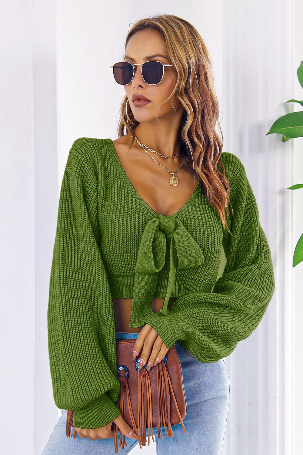 Bow V-Neck Long Sleeve Cropped Sweater.