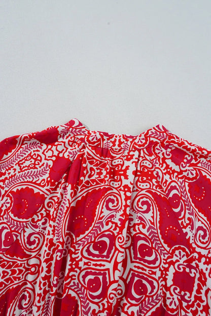 Paisley Print Side Slit Puff Sleeve High Waist Maxi Dress