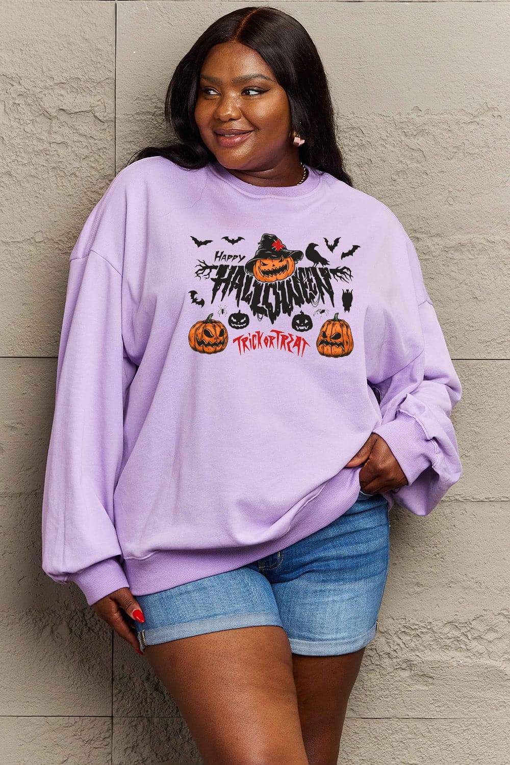 Simply Love Full Size HAPPY HALLOWEEN TRICK OR TREAT Graphic Sweatshirt.