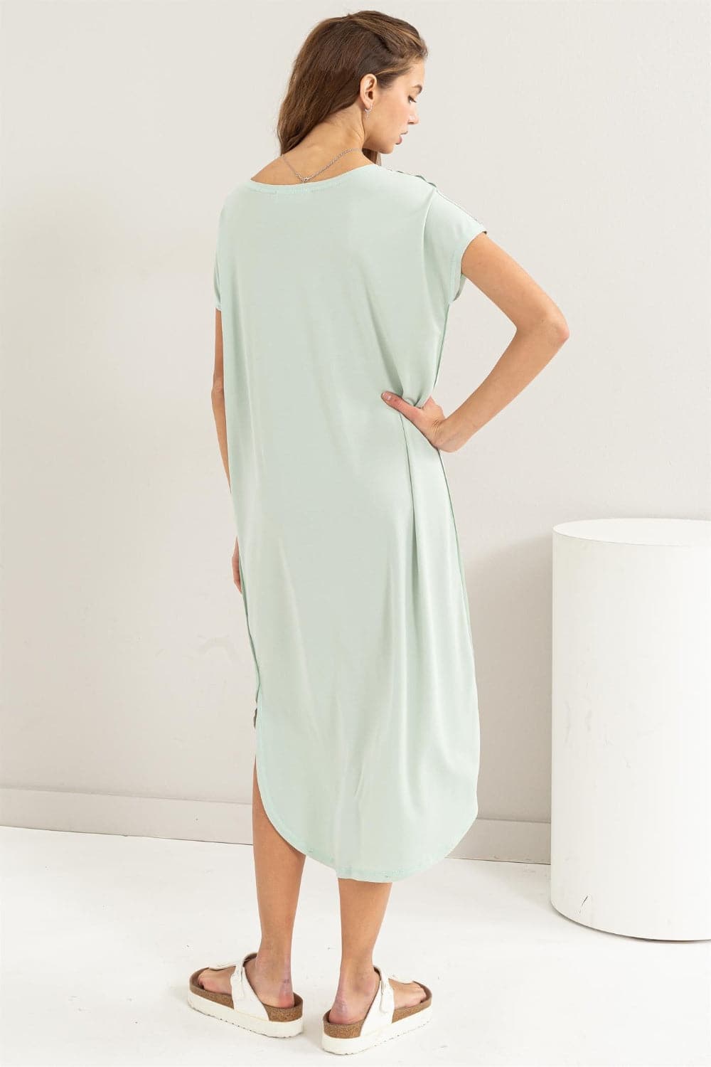 HYFVE Short Sleeve High-Low Slit Midi Dress.