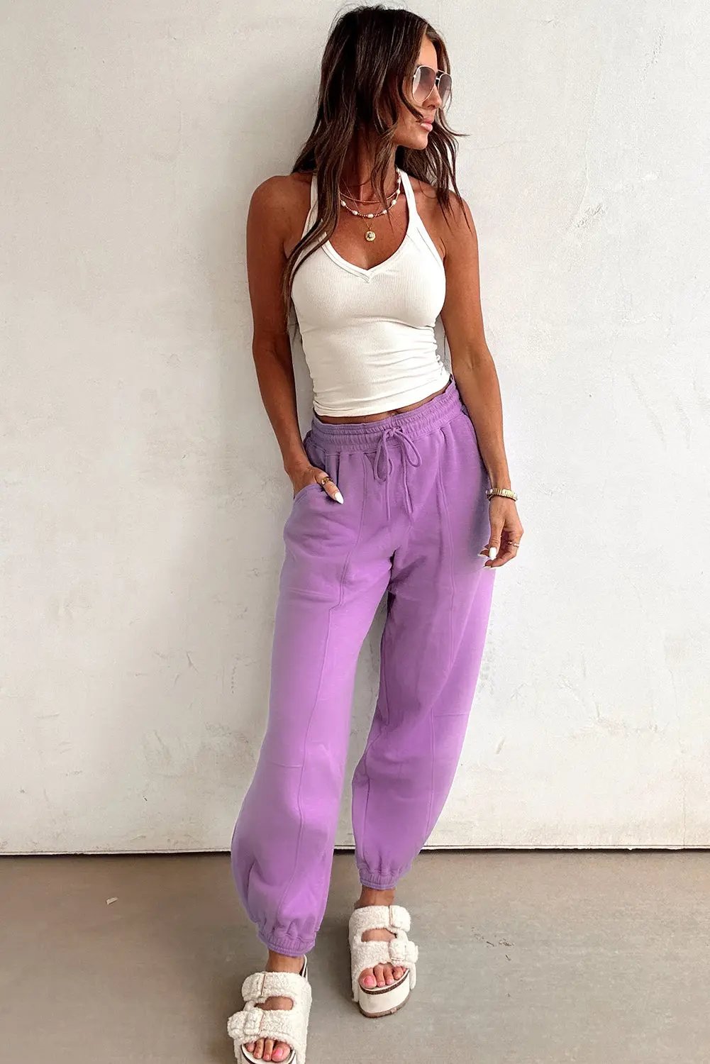 Lilac Drawstring Waist Patchwork Solid Color Jogger Pants Love Salve