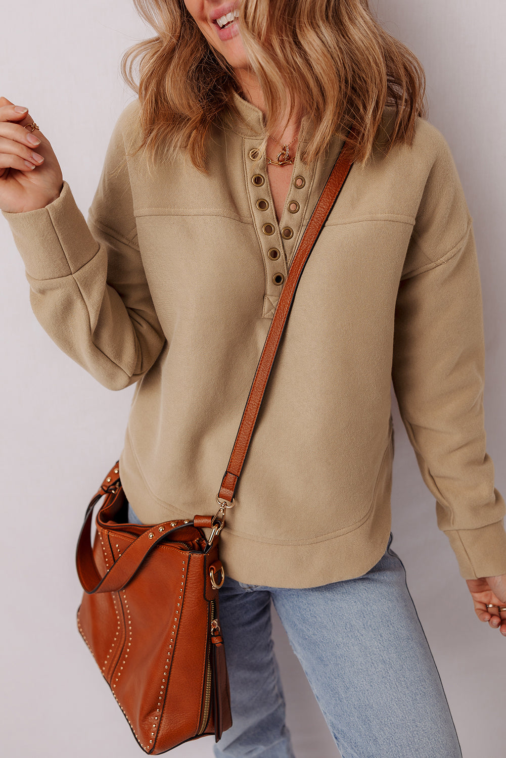 Light French Beige Grommet Detail V Neck Sweatshirt For Women Casual Pullover Everyday Wear Dear-Lover Dropshipping