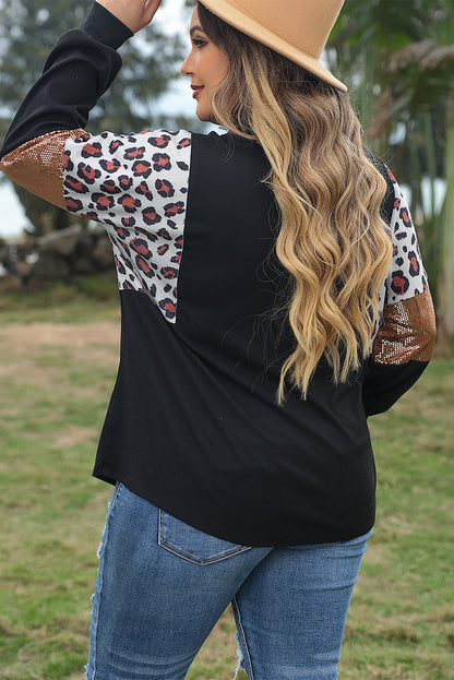 Leopard print sequin accent plus size long sleeve pullover