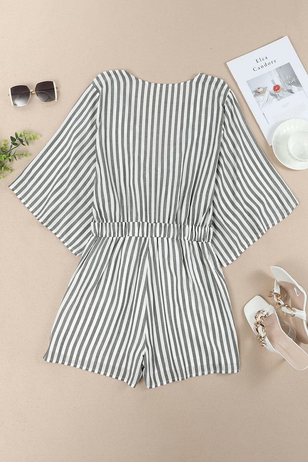 Tied Striped Three-Quarter Sleeve Romper.