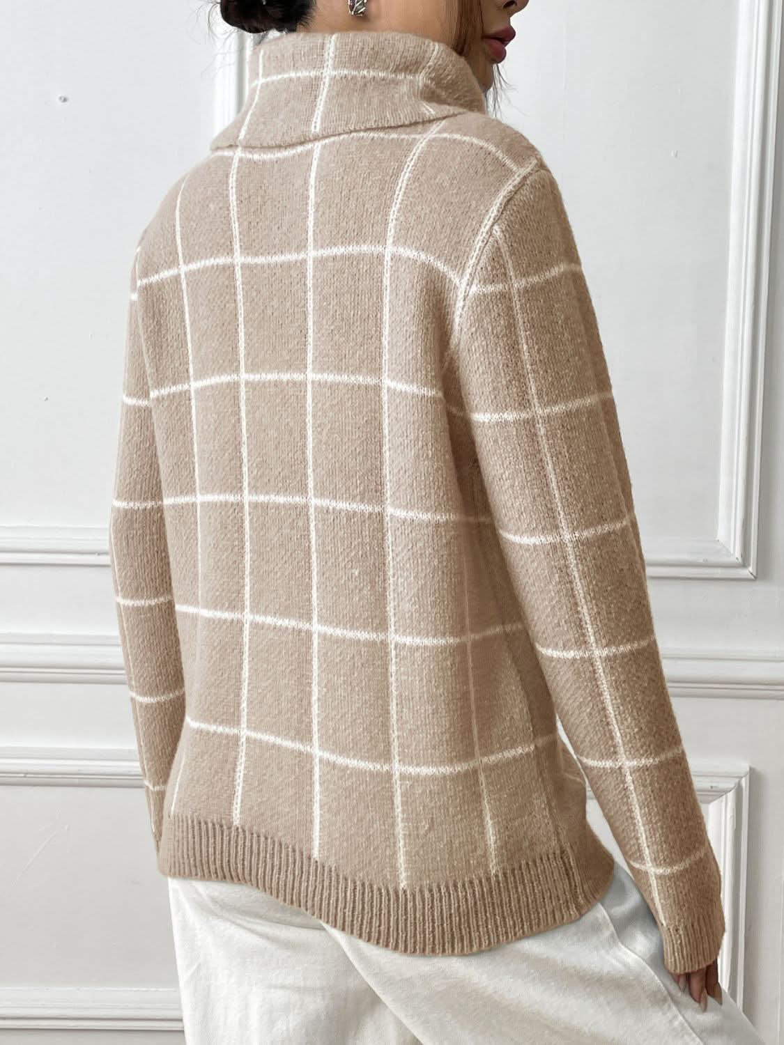 Heart Plaid Turtleneck Long Sleeve Sweater