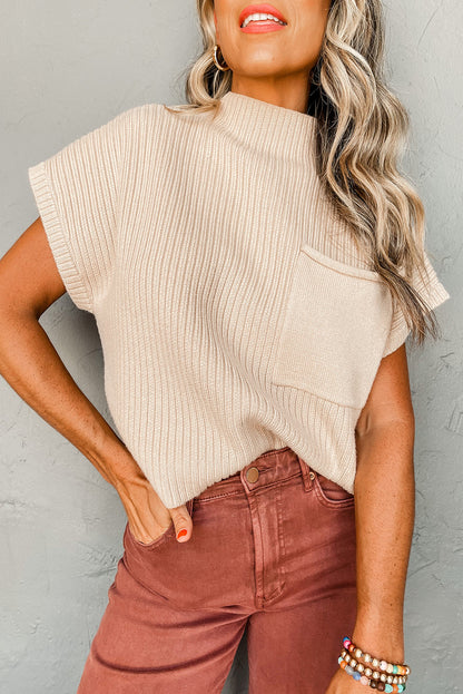 Chic oatmeal ribbed knit sweater with patch pocket