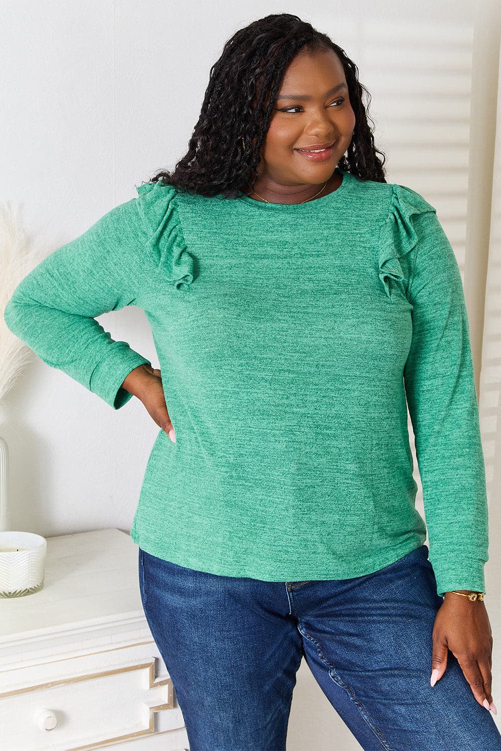 Double Take Ruffle Shoulder Long Sleeve T-Shirt.