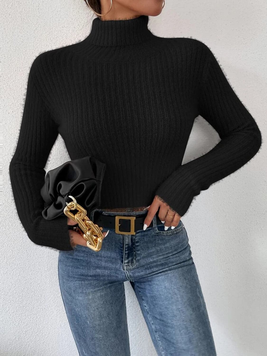 Ribbed Turtleneck Long Sleeve Sweater.