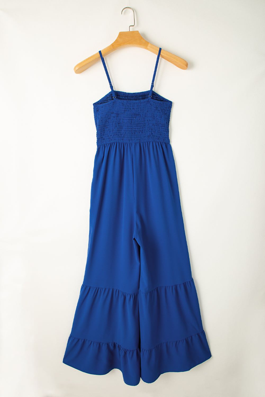 Navy Blue Spaghetti Straps Smocked Ruffled Wide Leg Jumpsuit