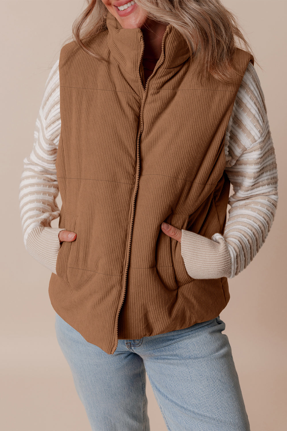 Cozy coffee corduroy puffer vest with stand neck and zipper closure