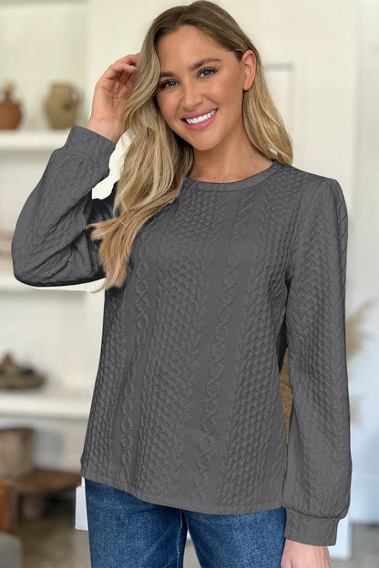 Textured Round Neck Long Sleeve Sweatshirt.