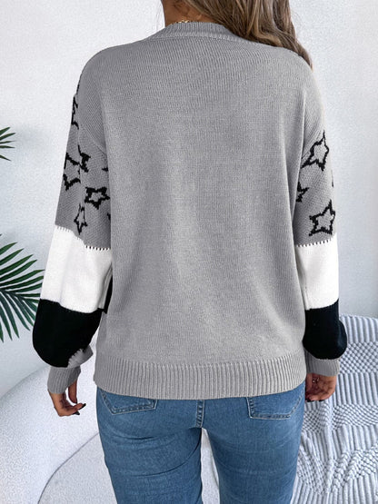 Star Contrast Round Neck Sweater.