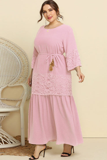 Plus Size Spliced Lace Tassel Belted Dress.