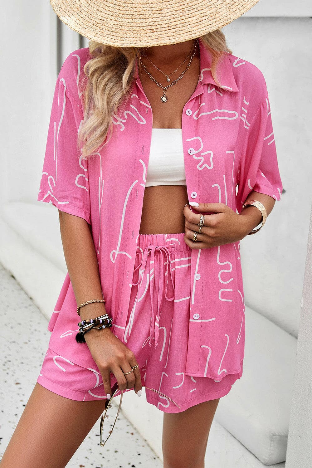 Printed Button Up Shirt and Shorts Set.