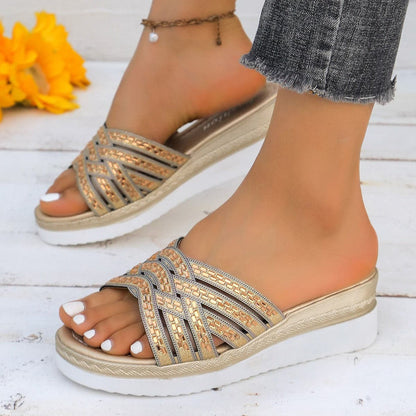 Rhinestone Open Toe Wedge Sandals.