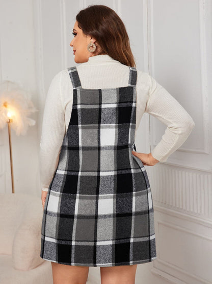 Plus Size Plaid Wide Strap Overall Dress.