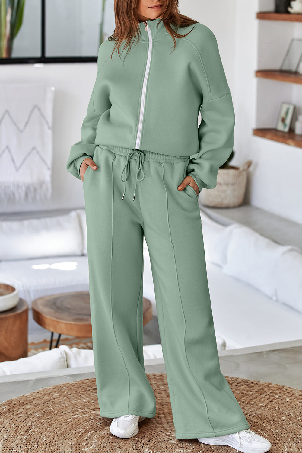 Premium Clearly Aqua Drop Shoulder Zip Up Jacket And Pants 2pcs Set