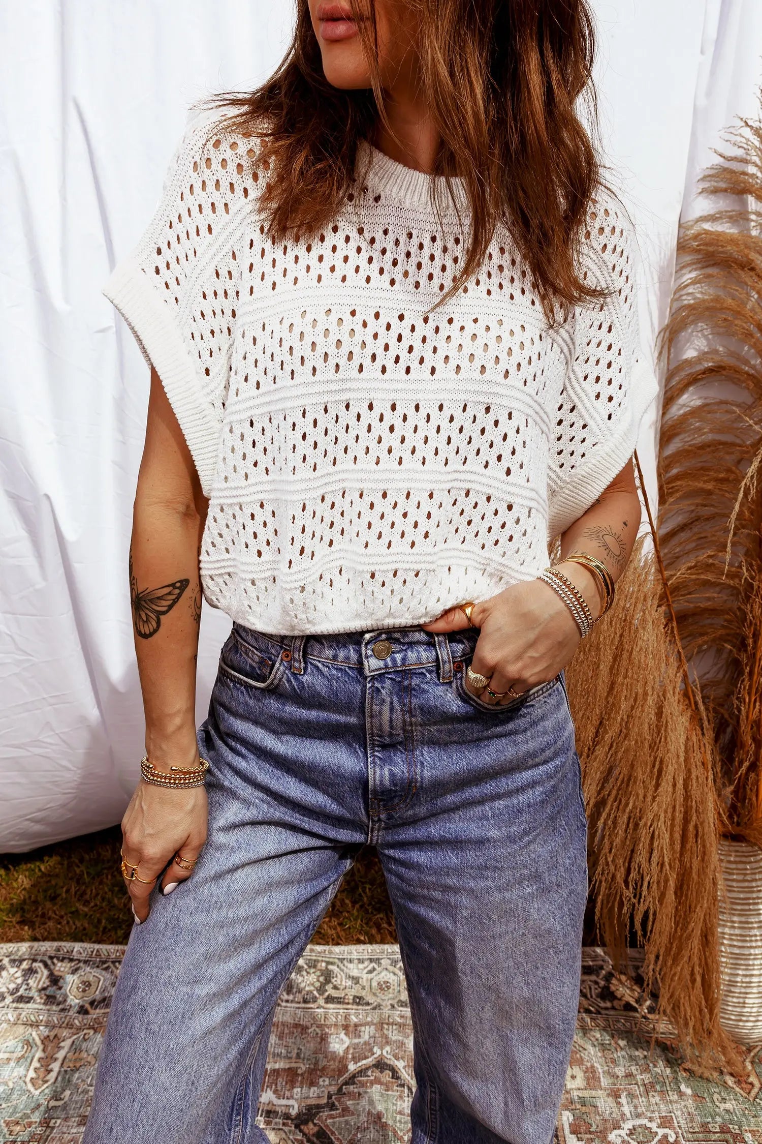 White Hollow Out Knit Dolman Sleeve Sweater Round Neck Dear-Lover Dropshipping