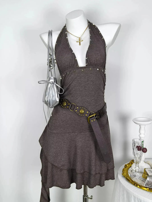Studded Halter Neck Ruffle Hem Mini Dress Simply Love