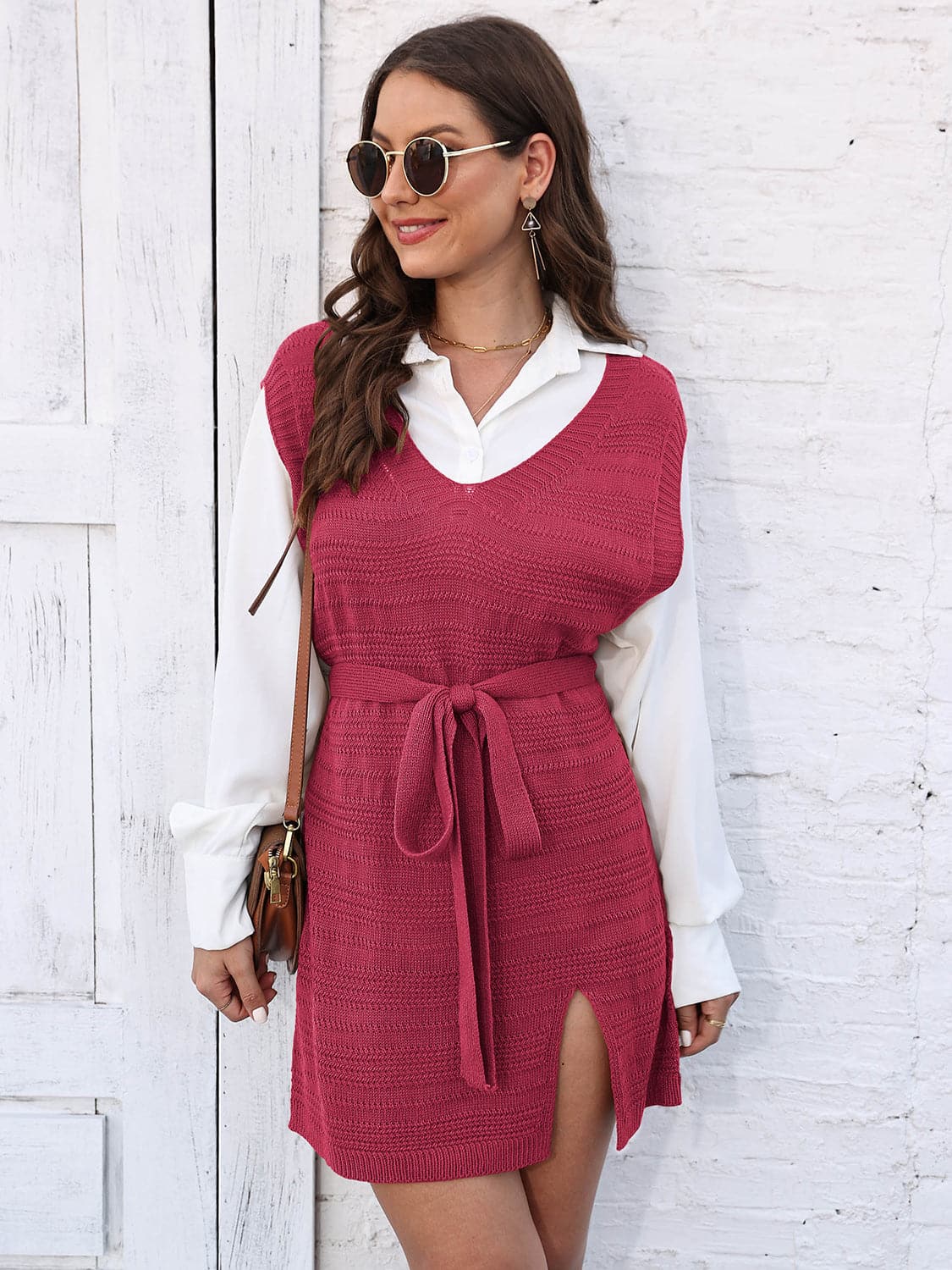 Tie Front V-Neck Sleeveless Slit Sweater Dress.