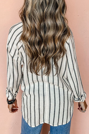 Pocketed Striped Collared Neck Long Sleeve Shirt.