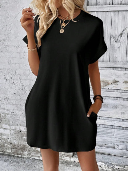 Round Neck Short Sleeve Mini Dress.