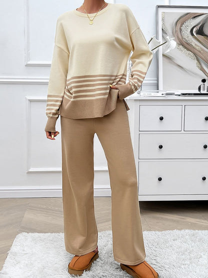 Chic striped sweater set with slit detail and round neck