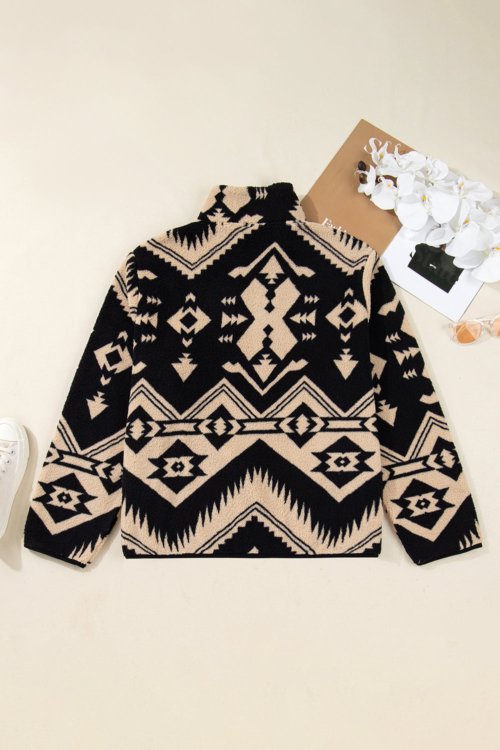 Black Plus Size Western Aztec Pattern Half Button Front Collared Plush Sweatshirt With Long Sleeve Dear-Lover Dropshipping