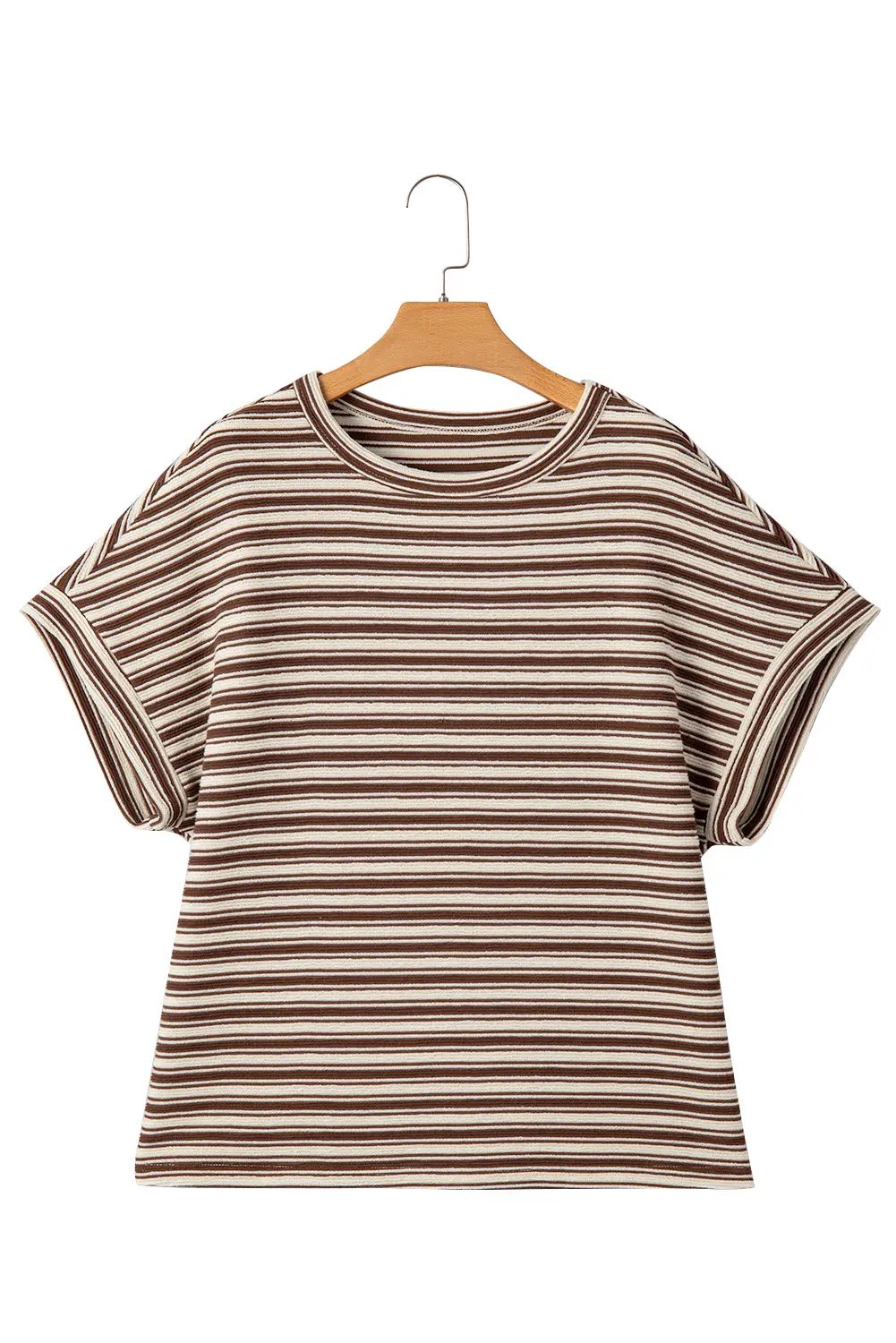 Brown Stripe Textured Side Slits Crew Neck T Shirt for Women Love Salve