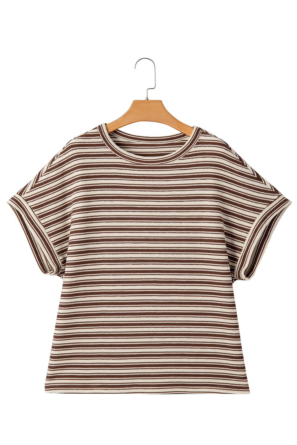 Brown Stripe Textured Side Slits Crew Neck T Shirt for Women