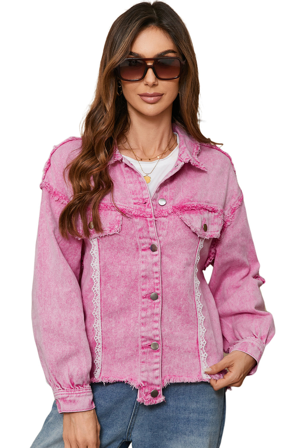 Chic pink lace denim jacket