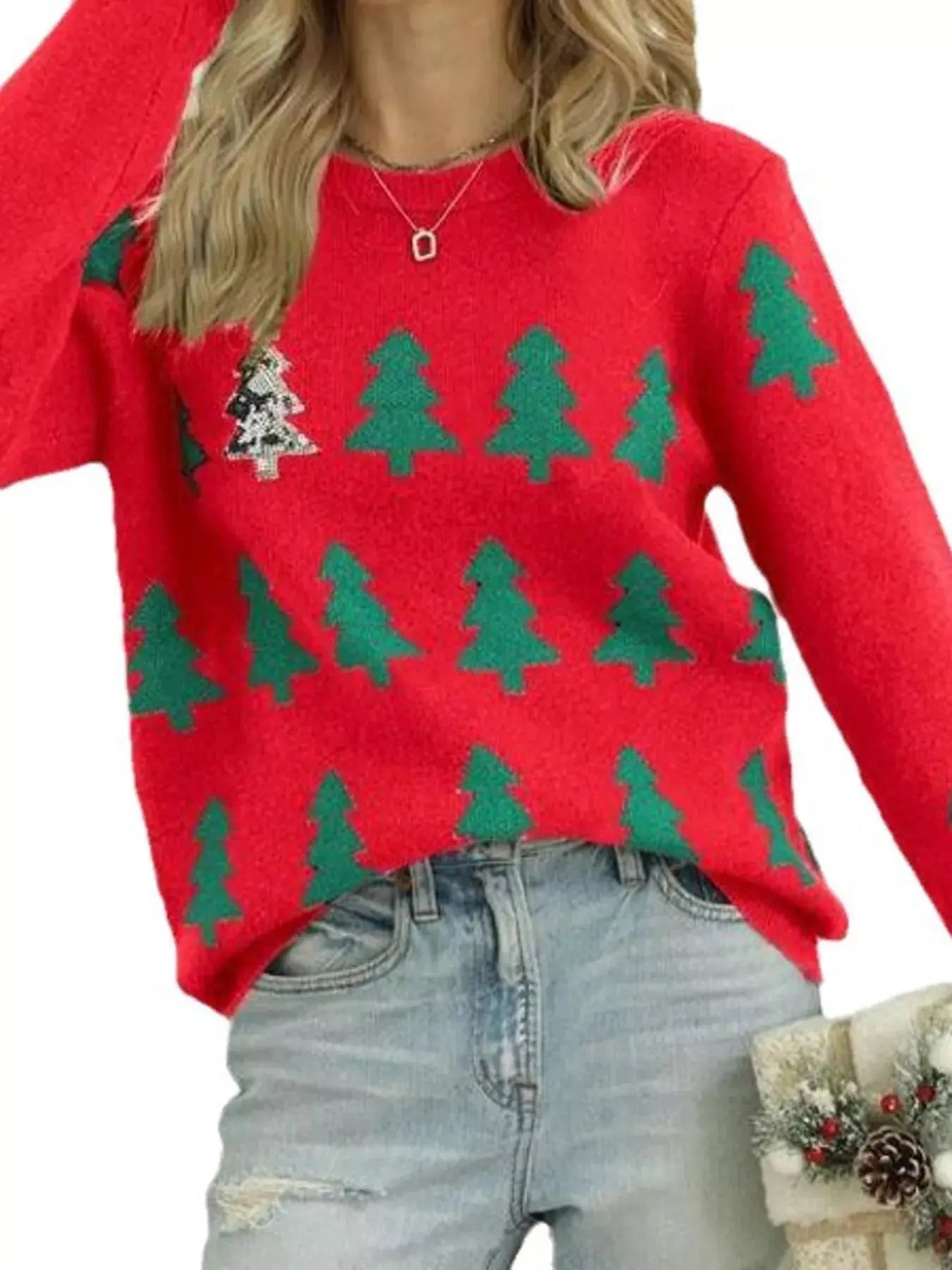 Christmas Tree Pattern Long Sleeve Sweater Simply Love