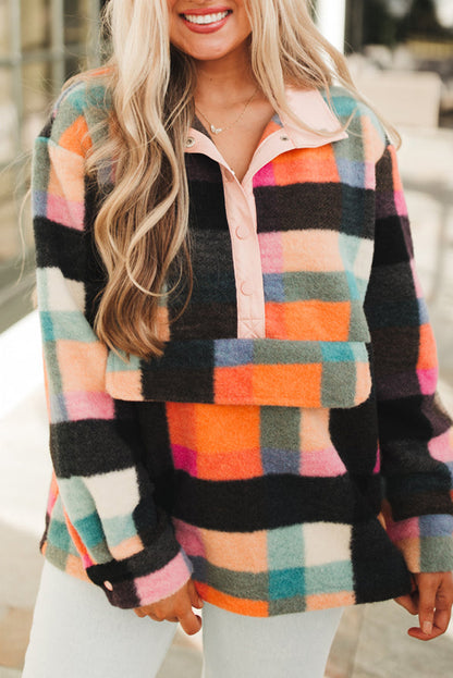 Cozy checkered sherpa henley sweatshirt for plus sizes