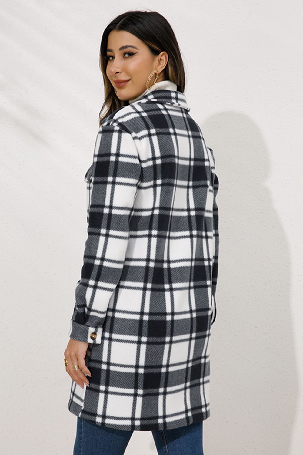 Shiny Plaid Collared Longline Coat Coco’s Tee Boutique