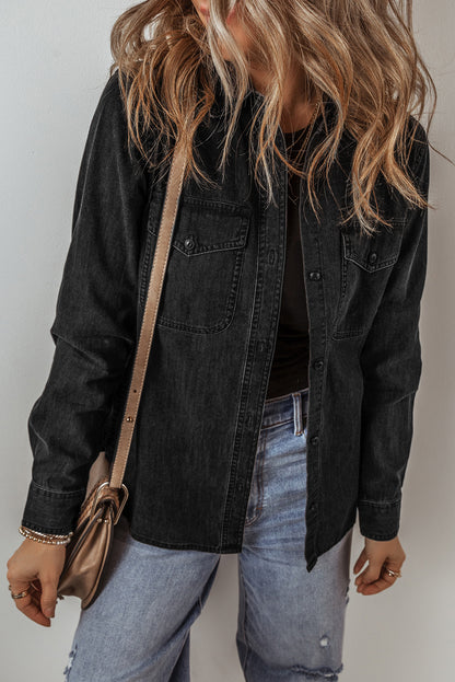 Black Flap Pocket Buttons Collared Jean Jacket