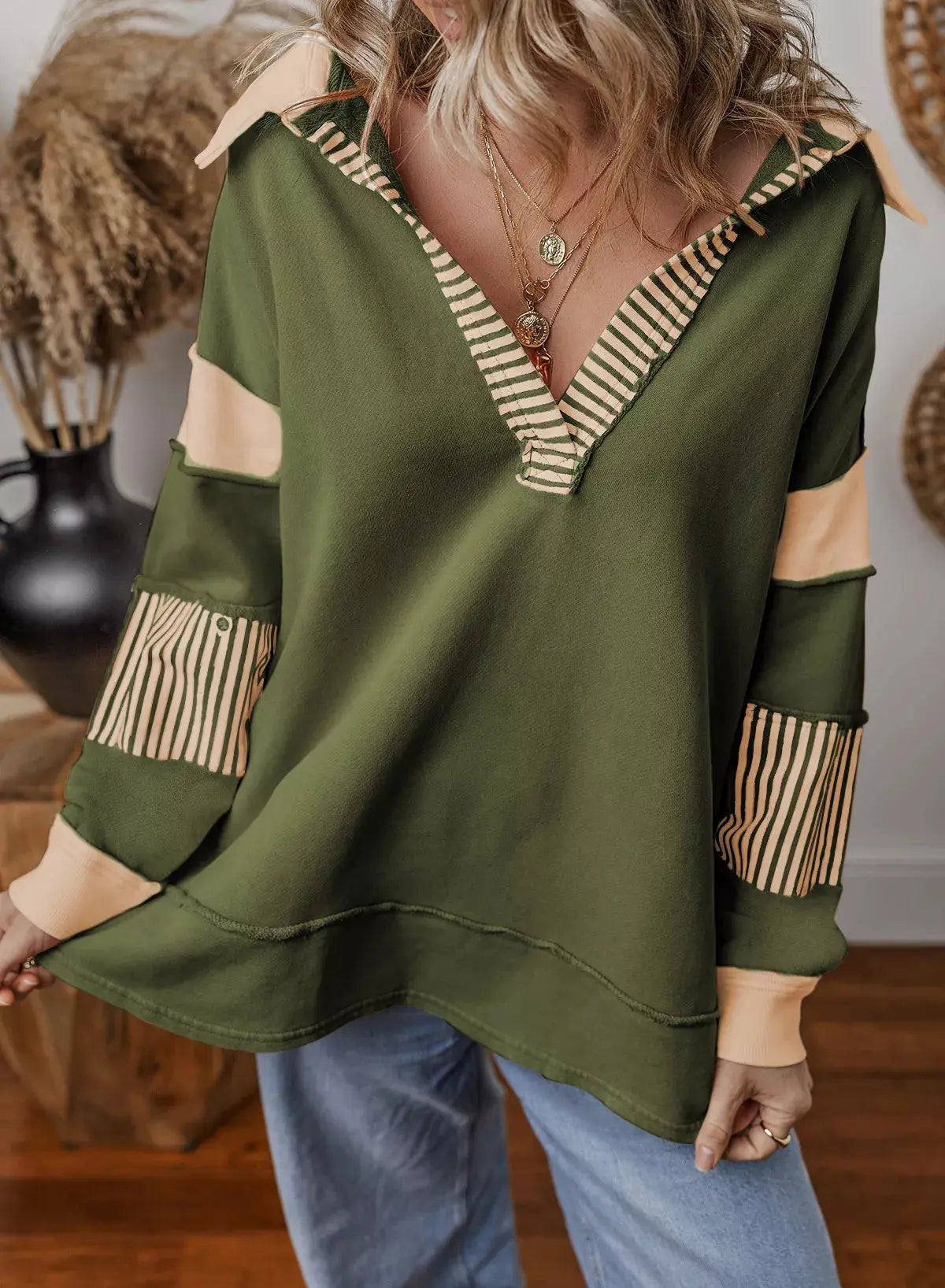 Color Block Striped Johnny Collar Sweatshirt Simply Love