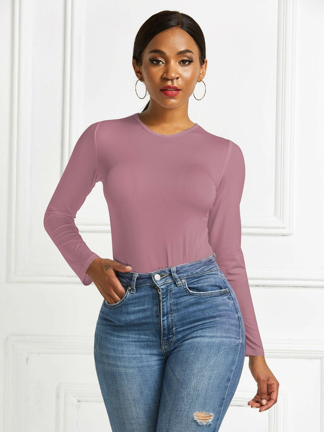 Round Neck Long Sleeve Bodysuit.