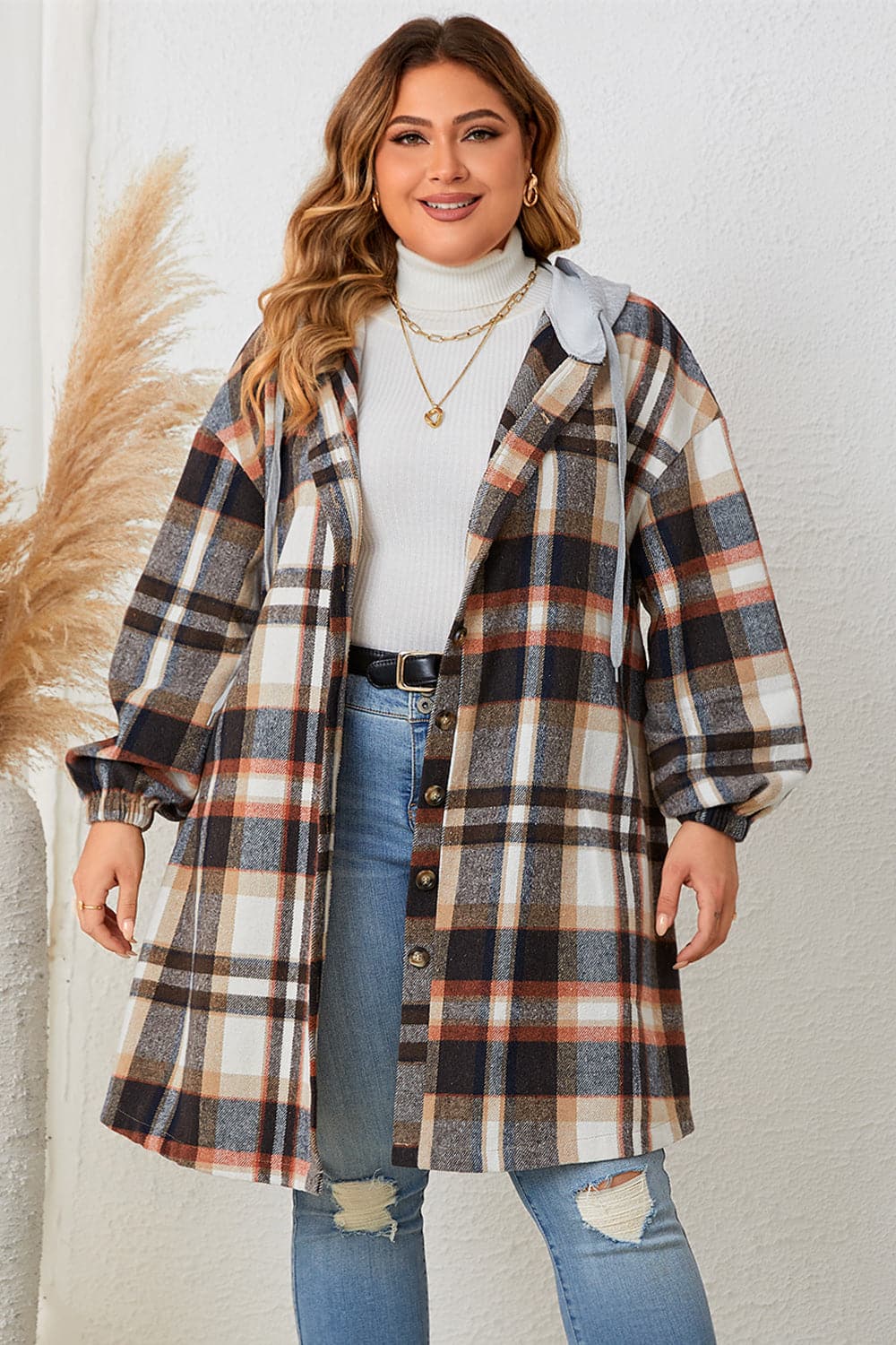 Plus Size Plaid Drop Shoulder Hooded Coat.