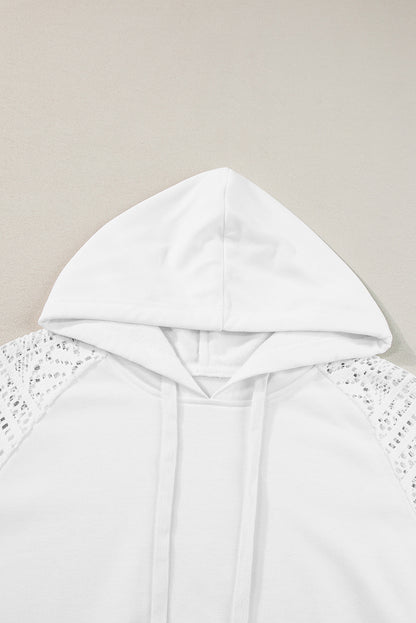 Elegant white lace sleeve hoodie with drawstring and cozy hood