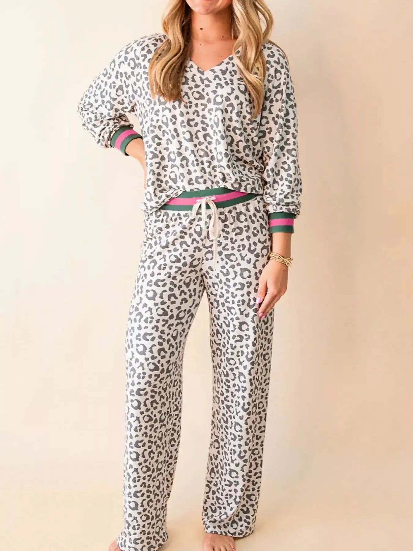 V Neck Leopard Long Sleeve Top Striped Webbing Patchwork Drawstring Pant Set Simply Love