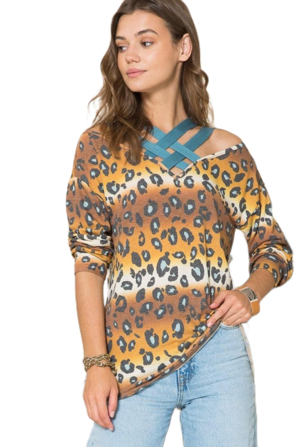 Celeste plus size leopard print long sleeve tee with braided strap in mustard